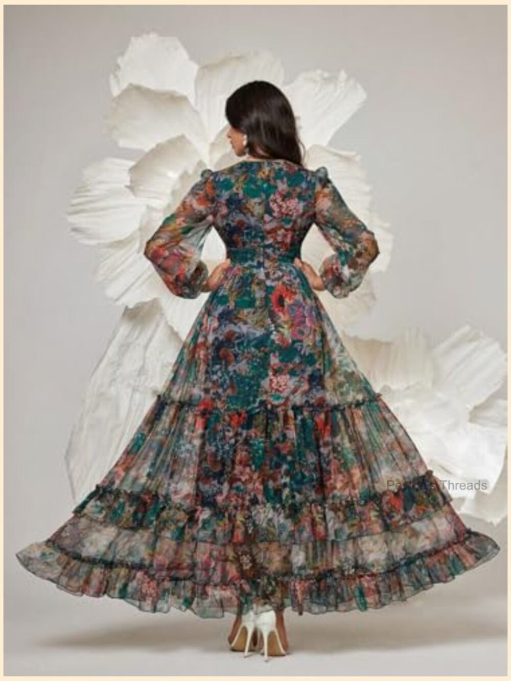 Boho V Neck Long Sleeve Ruffle Floral Print Maxi Dress Swing Tiered Hem - Picture 2 of 6